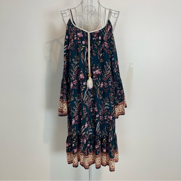 Boho green Floral print Cold Shoulder Dress bell sleeve tassel SZ XS/S/M viscose - Picture 1 of 8